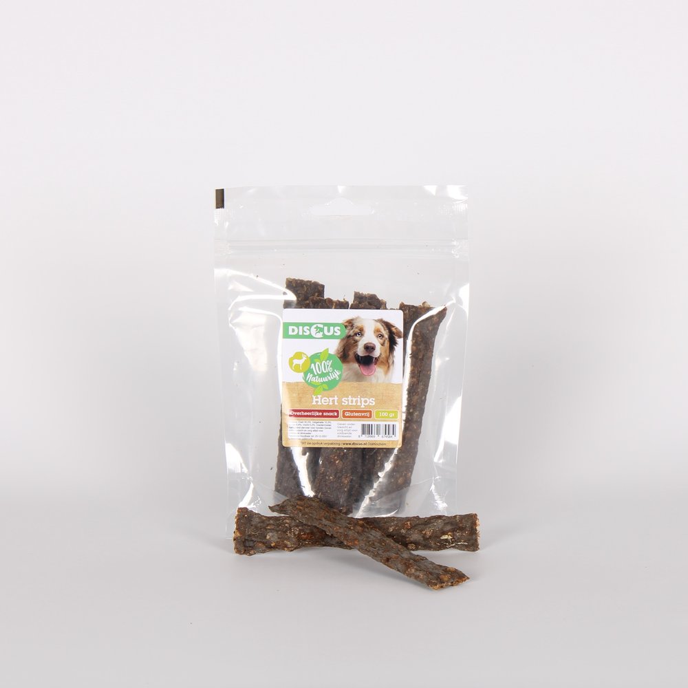 Discus Discus Naturals Vleesstrips Hert 100gr Discus Discus Naturals Vleesstrips Hert 100gr