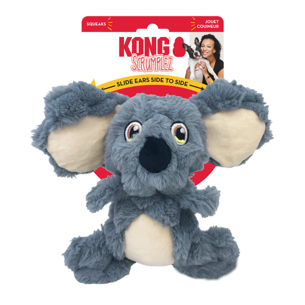 KONG Scrumplez Koala medium, met verschuifbare oren waar piepjes in zitten.