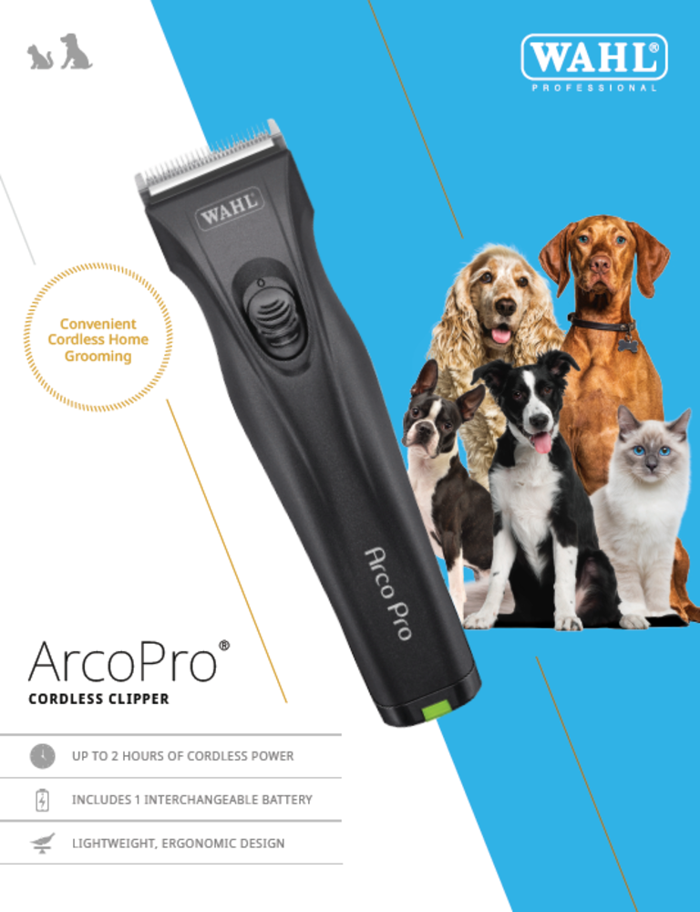 Wahl Arcopro is een krachtige draadloze tondeuse voor kleine tot middelgrote honden en katten. Wahl Arcopro is een krachtige draadloze tondeuse voor kleine tot middelgrote honden en katten.
