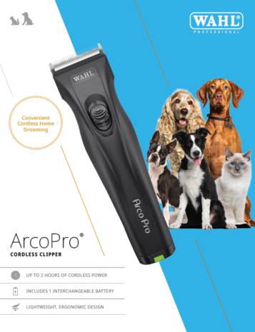 Wahl Arcopro is een krachtige draadloze tondeuse voor kleine tot middelgrote honden en katten. Wahl Arcopro is een krachtige draadloze tondeuse voor kleine tot middelgrote honden en katten.