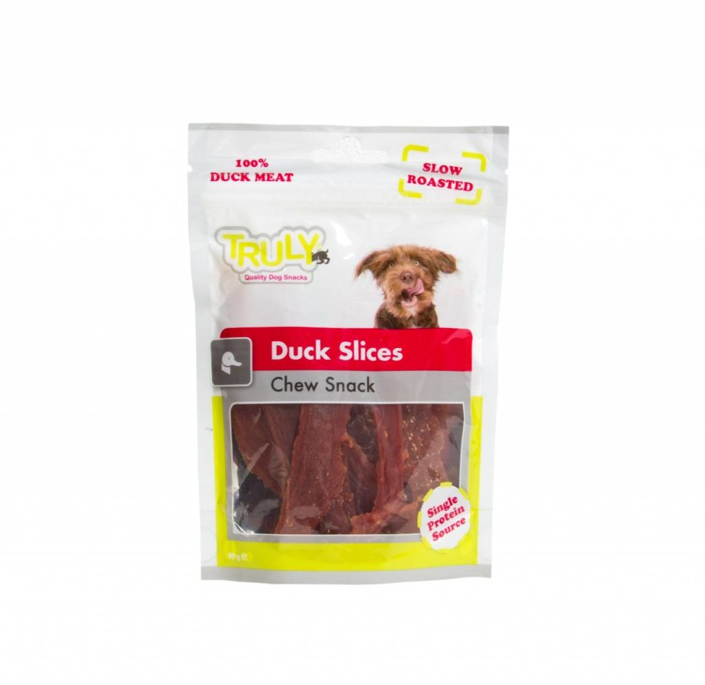 Truly Lekker tussendoortje voor honden van pure eendenfilet Truly Lekker tussendoortje voor honden van pure eendenfilet