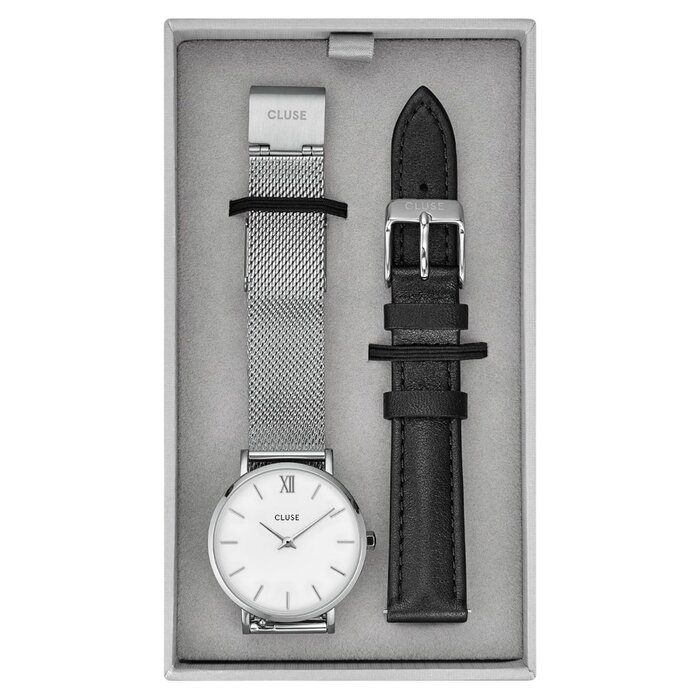 Cluse Minimalistische Eleganz Cluse Minuit Geschenkset – Mesh Silber & Schwarzes Lederarmband