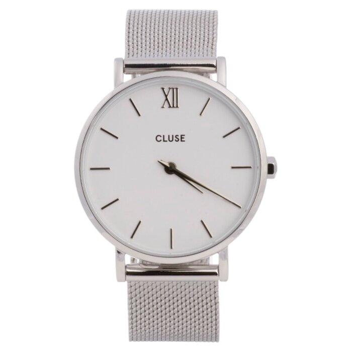 Cluse Minimalistische Eleganz Cluse Minuit Geschenkset – Mesh Silber & Schwarzes Lederarmband