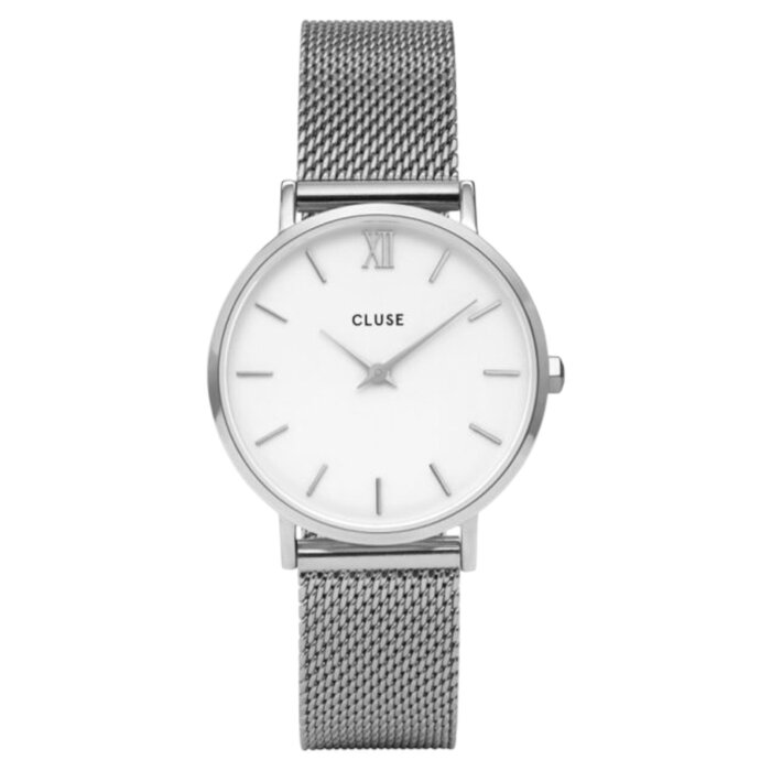 Cluse Minimalistische Eleganz Cluse Minuit Geschenkset – Mesh Silber & Schwarzes Lederarmband