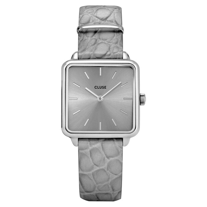 Cluse Minimalistische Eleganz CLUSE La Tétragone Damenarmbanduhr, hellgraues Lederarmband mit Alligatorprägung