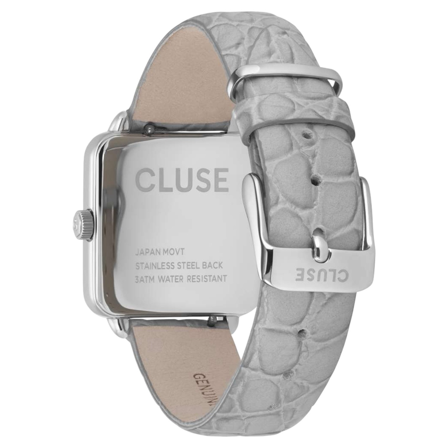 Cluse Minimalistische Eleganz CLUSE La Tétragone Damenarmbanduhr, hellgraues Lederarmband mit Alligatorprägung