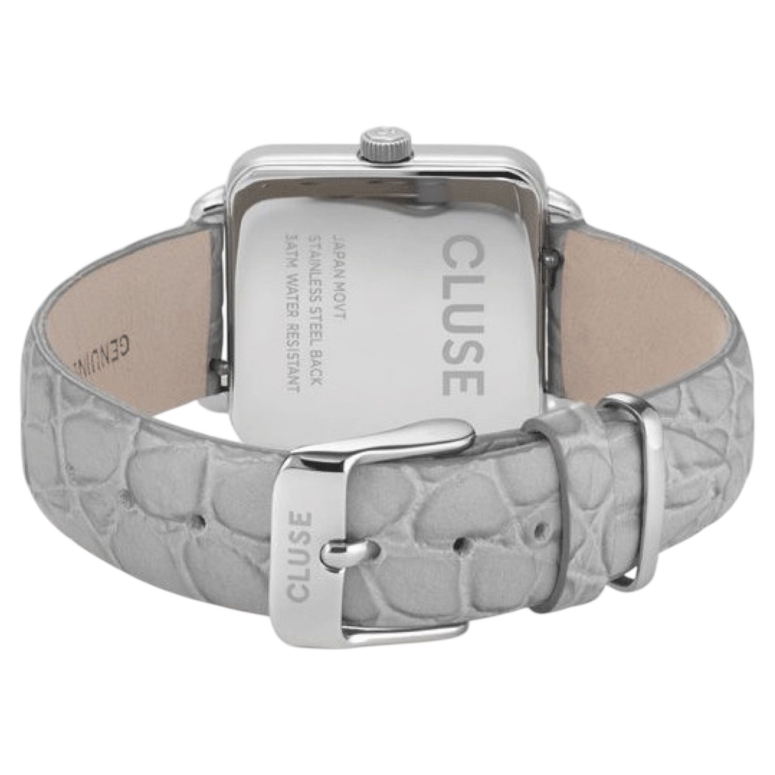 Cluse Minimalistische Eleganz CLUSE La Tétragone Damenarmbanduhr, hellgraues Lederarmband mit Alligatorprägung