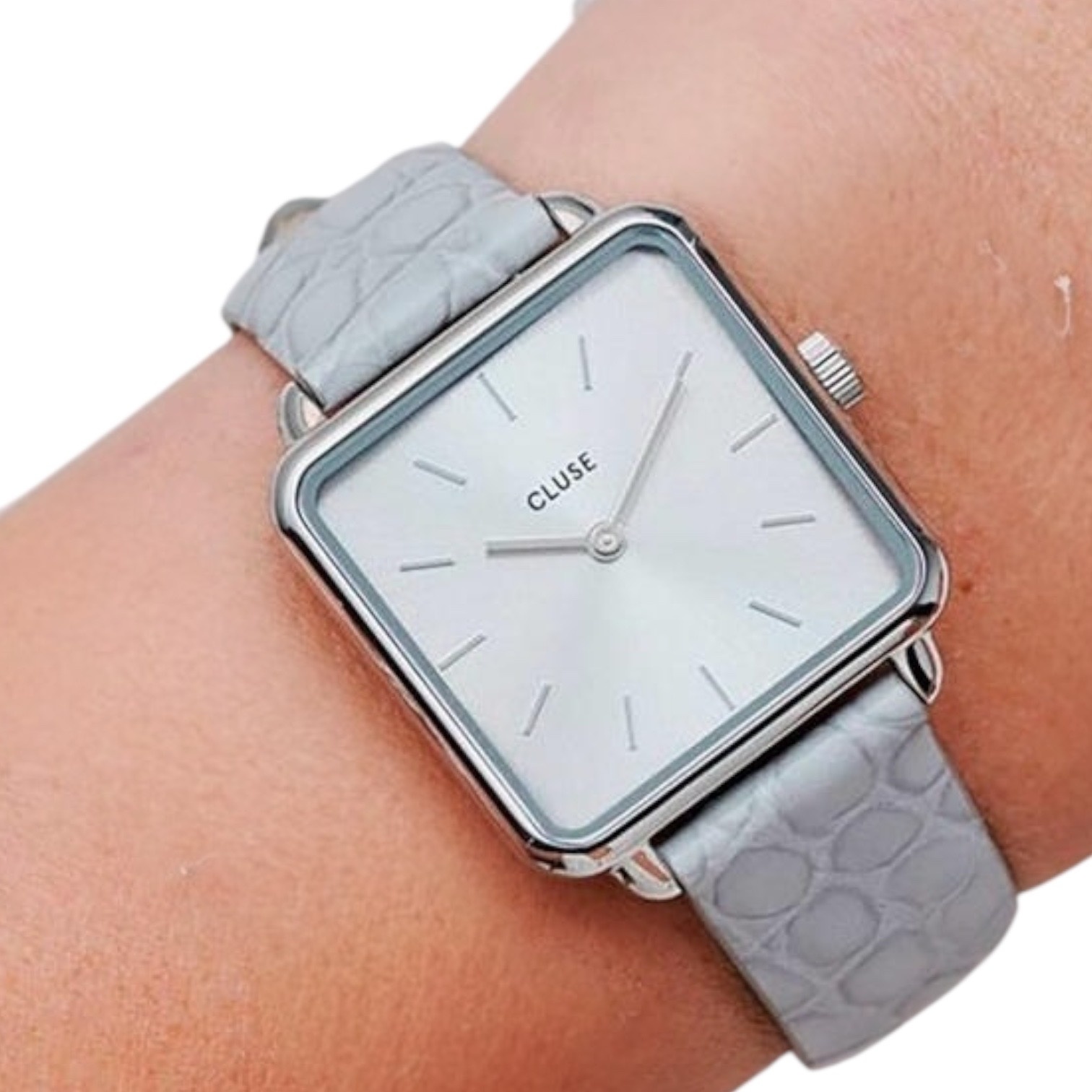Cluse Minimalistische Eleganz CLUSE La Tétragone Damenarmbanduhr, hellgraues Lederarmband mit Alligatorprägung