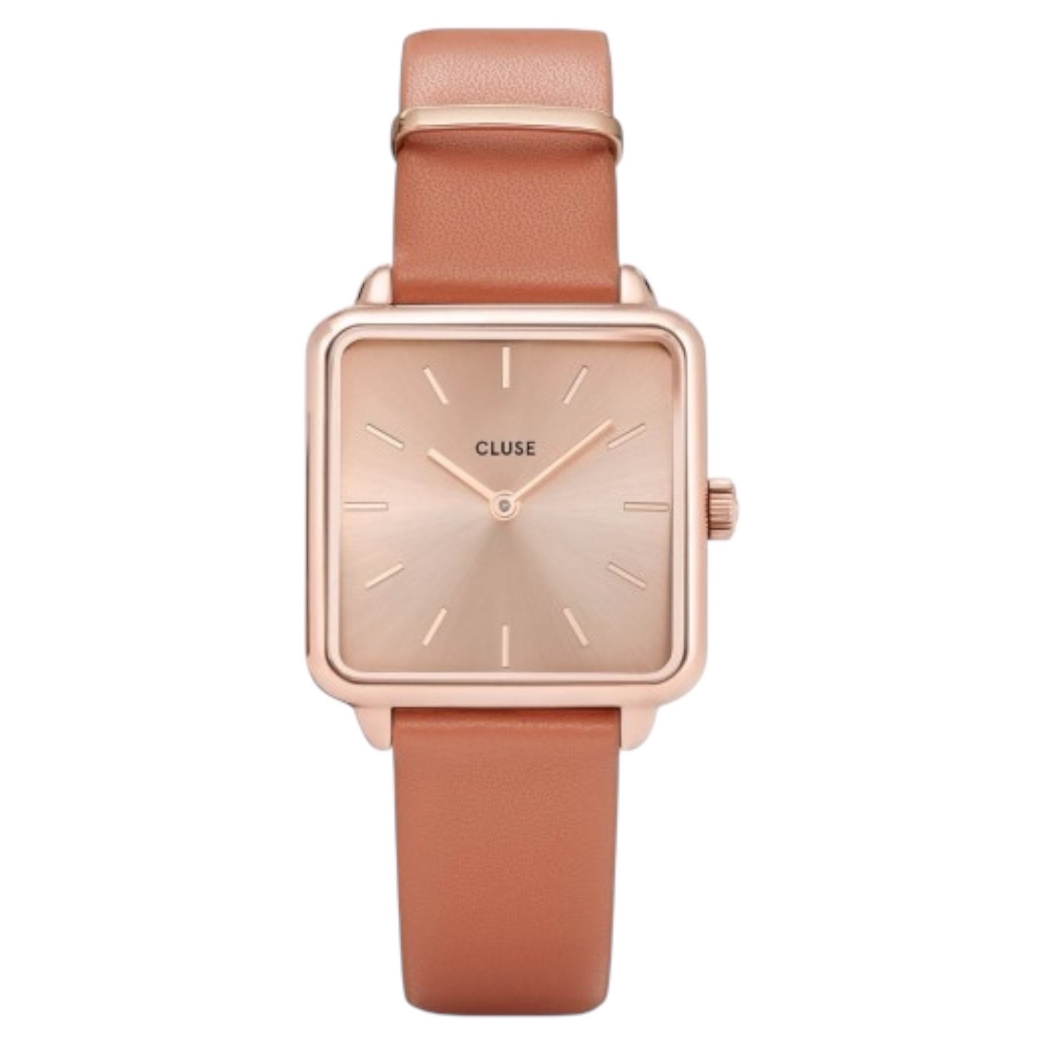 Cluse Minimalistische Eleganz Cluse La Tétragone - Damenuhr in Roségold mit Butterscotch-Lederarmband