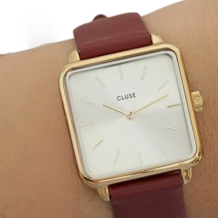 Cluse Minimalistische Eleganz Cluse La Tétragone – Gold & rotes Lederband