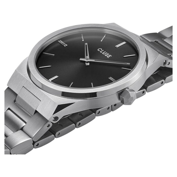 Cluse Minimalistische Eleganz CLUSE Vigoureux CW0101503004 – Herrenuhr Silber mit schwarzem Zifferblatt