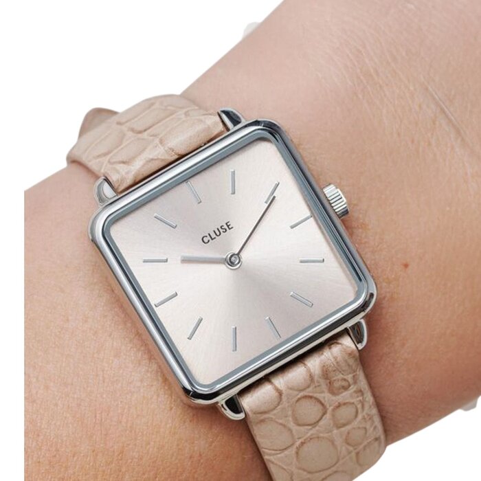 Cluse Minimalistische Eleganz CLUSE La Tétragone CL60019 – eckige Damenuhr Silber-Rosé