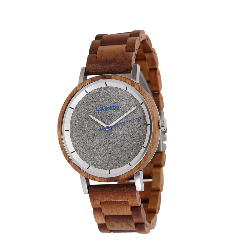 LAimer Unisex-Holzuhr aus Teakholz mit echtem Granit-Zifferblatt