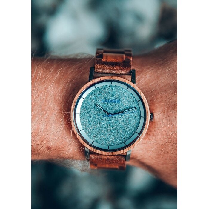 LAimer Unisex-Holzuhr aus Teakholz mit echtem Granit-Zifferblatt