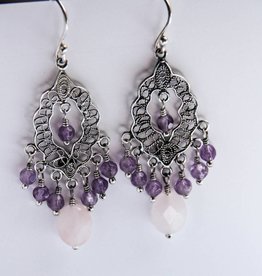 Yvone Christa Zilveren oorbellen met Amethyst en Roze Quartz