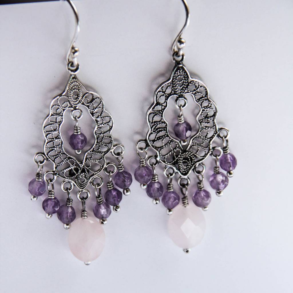 Yvone Christa Zilveren oorbellen met Amethyst en Roze Quartz