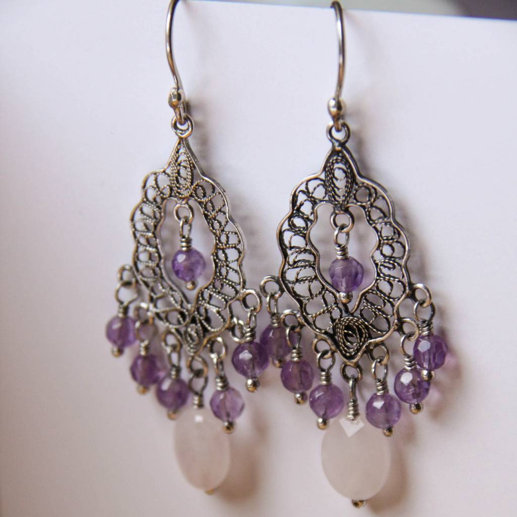 Yvone Christa Silver earrings with Amethyst and Rose Quartz