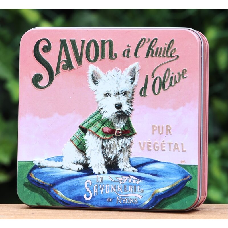 Blik met 4 verschillende zepen Westie hond