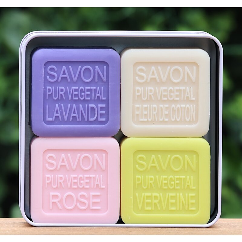 Blik met 4 verschillende zepen Savon