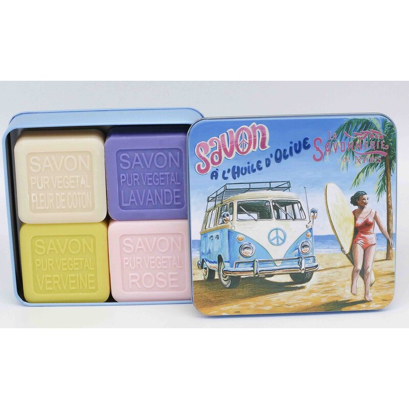 Blik met 4 zepen met dessin VW Combi