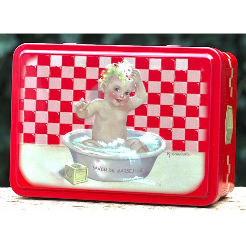 Blik Baby in bad met hartzeepjes