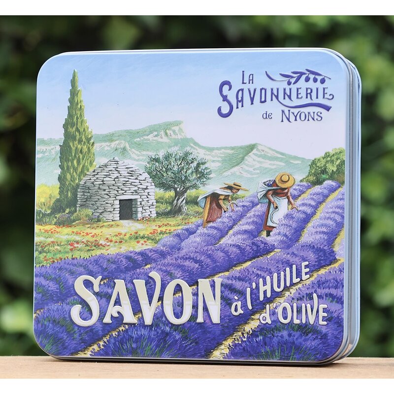 Blik met 4 zepen met dessin lavendelveld