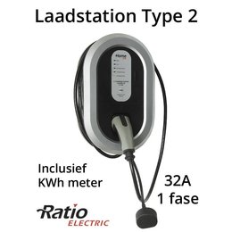 Ratio EV Laadstation type 2, 32A, rechte laadkabel + KWh meter