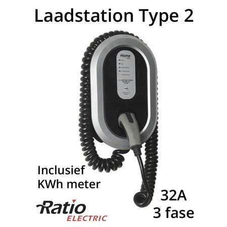 Ratio EV Laadstation type 2, 32A, 3 fase met coiled laadkabel + KWh meter