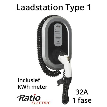 Ratio EV Laadstation type 1, 32A met vaste laadkabel spiraal + KWh meter