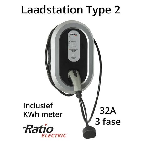 Ratio EV Home Box Plus type 2, 3 fase 32A met 5 meter vaste rechte laadkabel + KWh meter