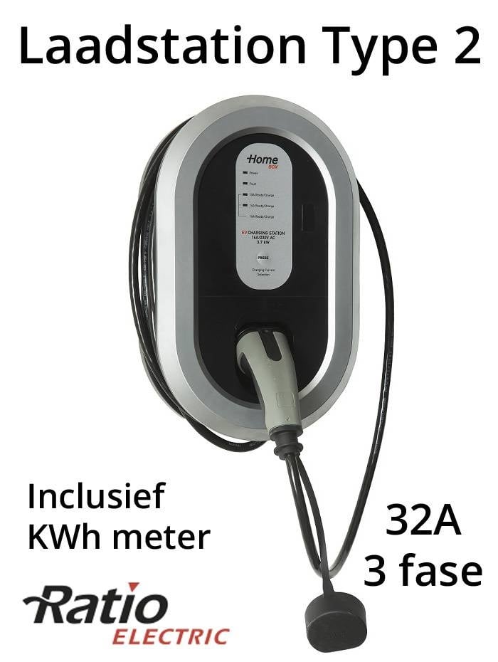 EV Home Box Plus type 2, 3 fase 32A, rechte laadkabel + KWh meter