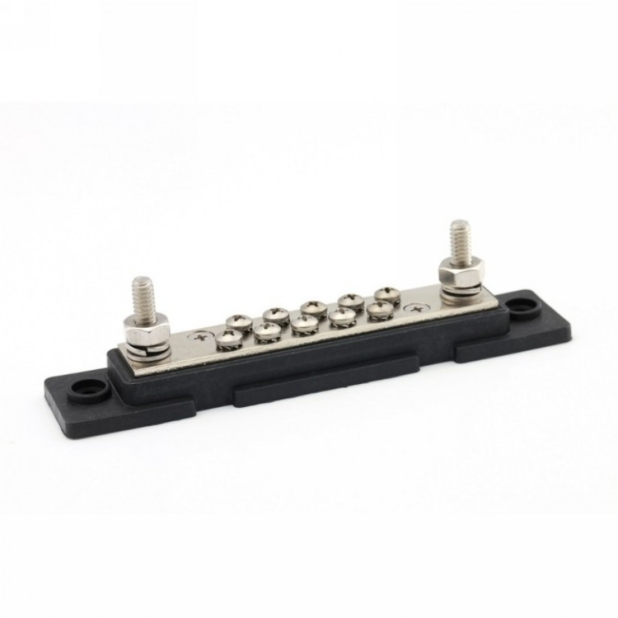 DC min (-) verdeelrail met kap 2xM6 + 10xM4 Zwart