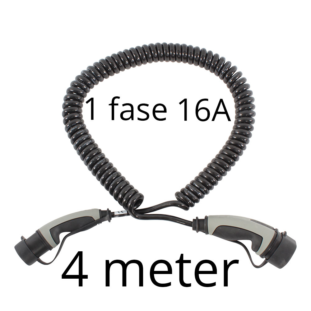 Premium Laadkabel type 2 naar type 2 - coiled - 1 fase 16A - 4 meter