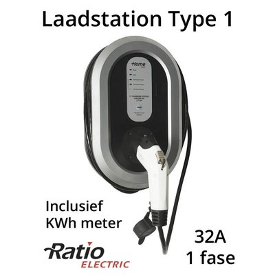 Ratio EV Home Box Plus Laadstation type 1, 1 fase 32A met rechte laadkabel + KWh meter