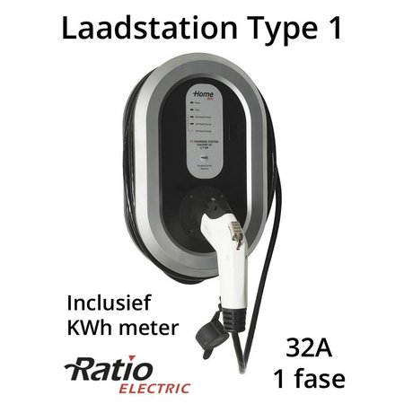 Ratio EV Home Box Plus Laadstation type 1, 1 fase 32A met 5 meter vaste rechte laadkabel + KWh meter