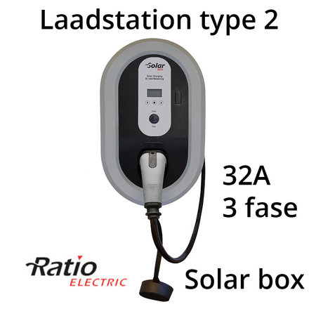 Ratio Solar Box 32A 3 fase met 5 meter vaste laadkabel type 2 - Tesla button