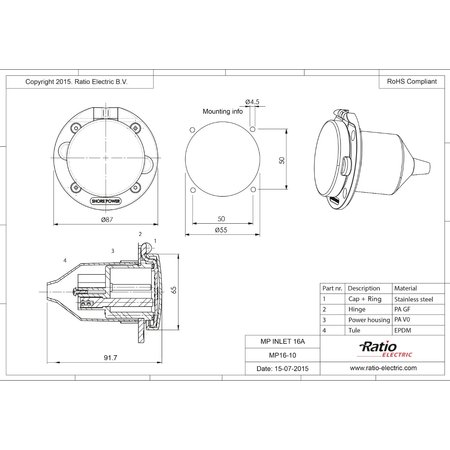 Ratio Walstroom invoer/inlet 16A RVS