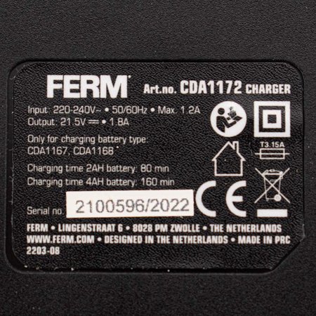 FERM CDA1172 Charger 20V - Voor CDA1167 en CDA1168 accu