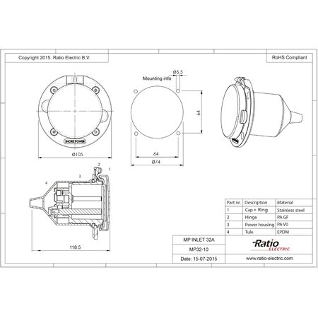 Victron Walstroom invoer/inlet 32A RVS