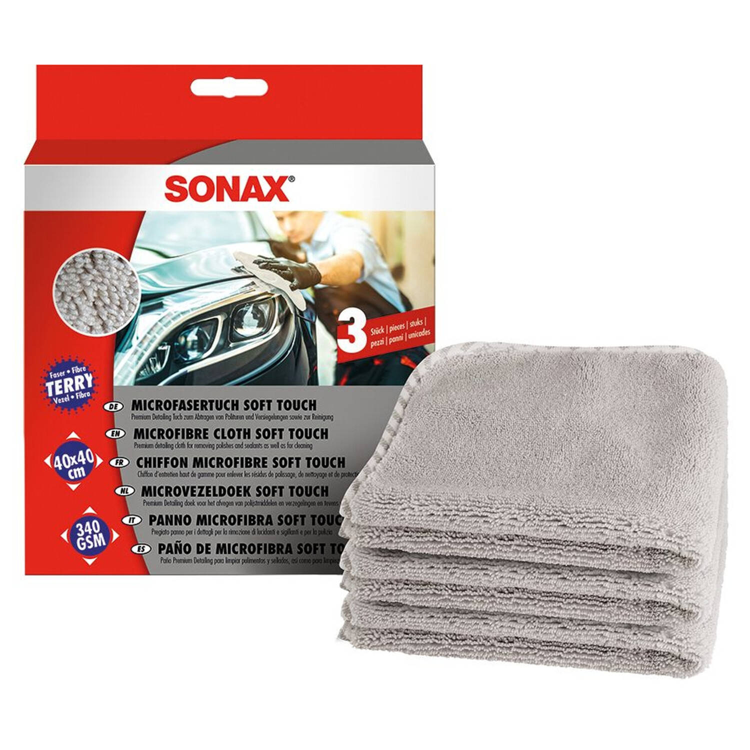 SONAX Microfasertuch Soft Touch, 40 × 40 cm, 3er Pack - Car Care King