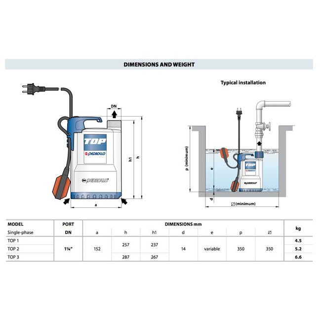 Pedrollo pumps Pedrollo pumps Top 2 - met vlotter - 13200 l/h - 0,5 pk