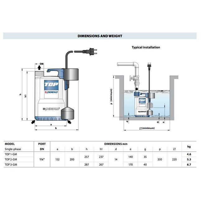 Pedrollo pumps Pedrollo pumps Top 2-GM - met staafvlotter - 13200 l/h - 0,5 pk