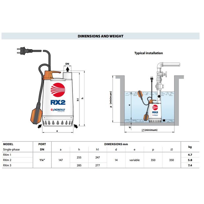 Pedrollo pumps Pedrollo pumps RXm 2 - met vlotter - 13200 l/h - 0,5 pk