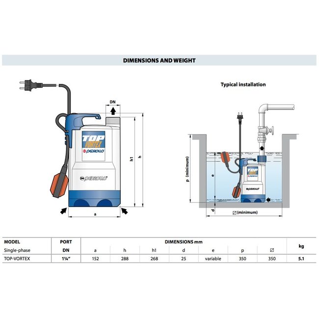 Pedrollo pumps Pedrollo pumps Top-Vortex - met vlotter - 10800 l/h - 0,5 pk