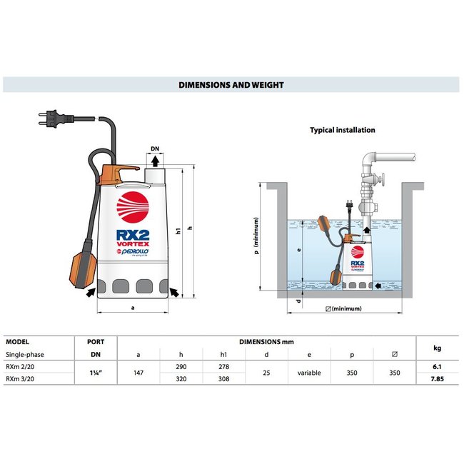 Pedrollo pumps Pedrollo pumps RXm 2/20 Vortex - met vlotter - 10800 l/h - 0,5 pk