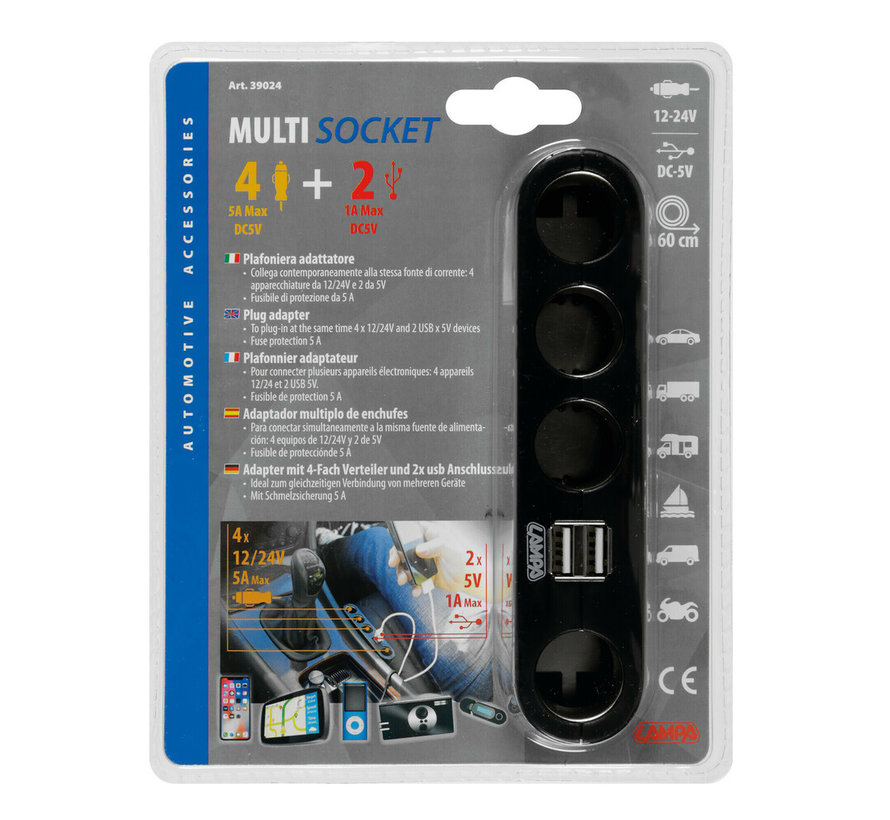 4-weg aanstekerplug 12/24V + 2X USB