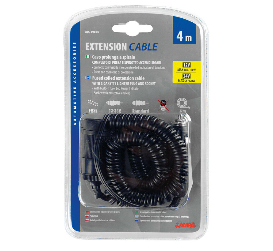 Extension cable car plug - 12/24V - 4 meters