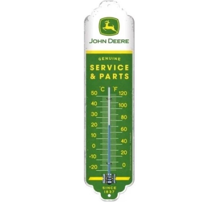 John Deere vintage thermometer – Service & Parts – metalen wandthermometer – 28 × 7 cm