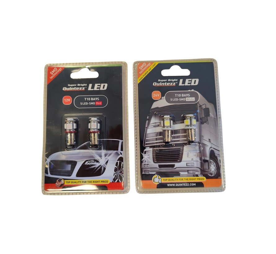 T10 BA9s LED Replacement Bulb – 5 SMD LEDs – 12V or 24V – Various Colours
