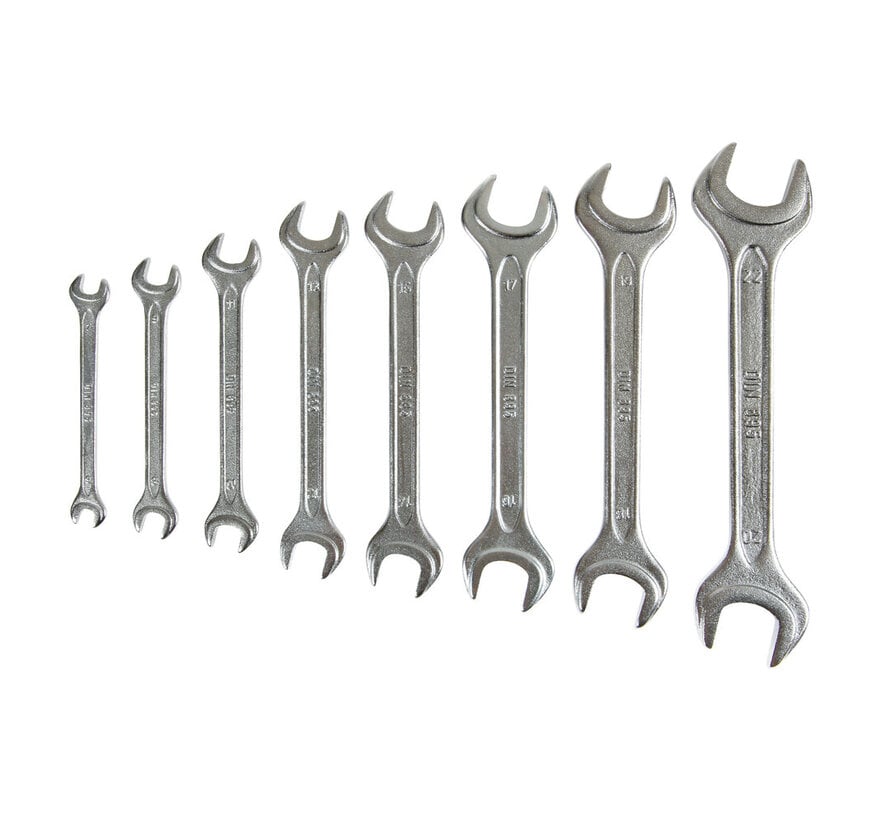 8-Piece Double Open-End Wrench Set – 6/7 to 20/22 mm – DIN 895